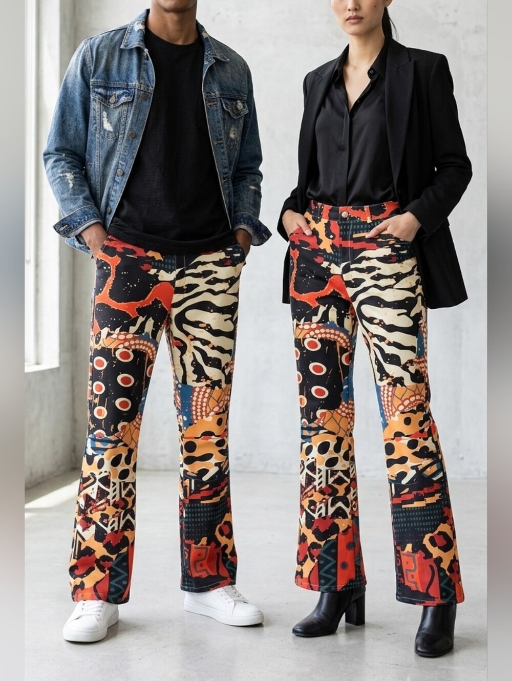 Wide Leg High Rise Pants Funky Geometric Animal Abstract Retro Festival Small